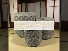 Pot GRC abu-abu bundar dari serat semen dengan pola daun palem berulang, ringan, tahan lama, perawatan rendah, pot bunga, dekorasi kantor Villa liburan, proyek lansekap Taman Atap