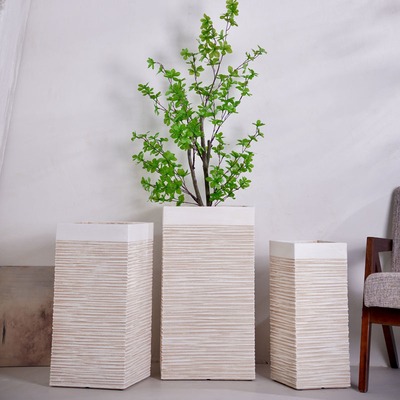 Beli Neutral beige bulat serat tanah liat planter dengan pola garis vertikal ringan tahan lama perawatan rendah pot bunga liburan villa hotel pusat perbelanjaan dekorasi kantor taman proyek lansekap online manufacture